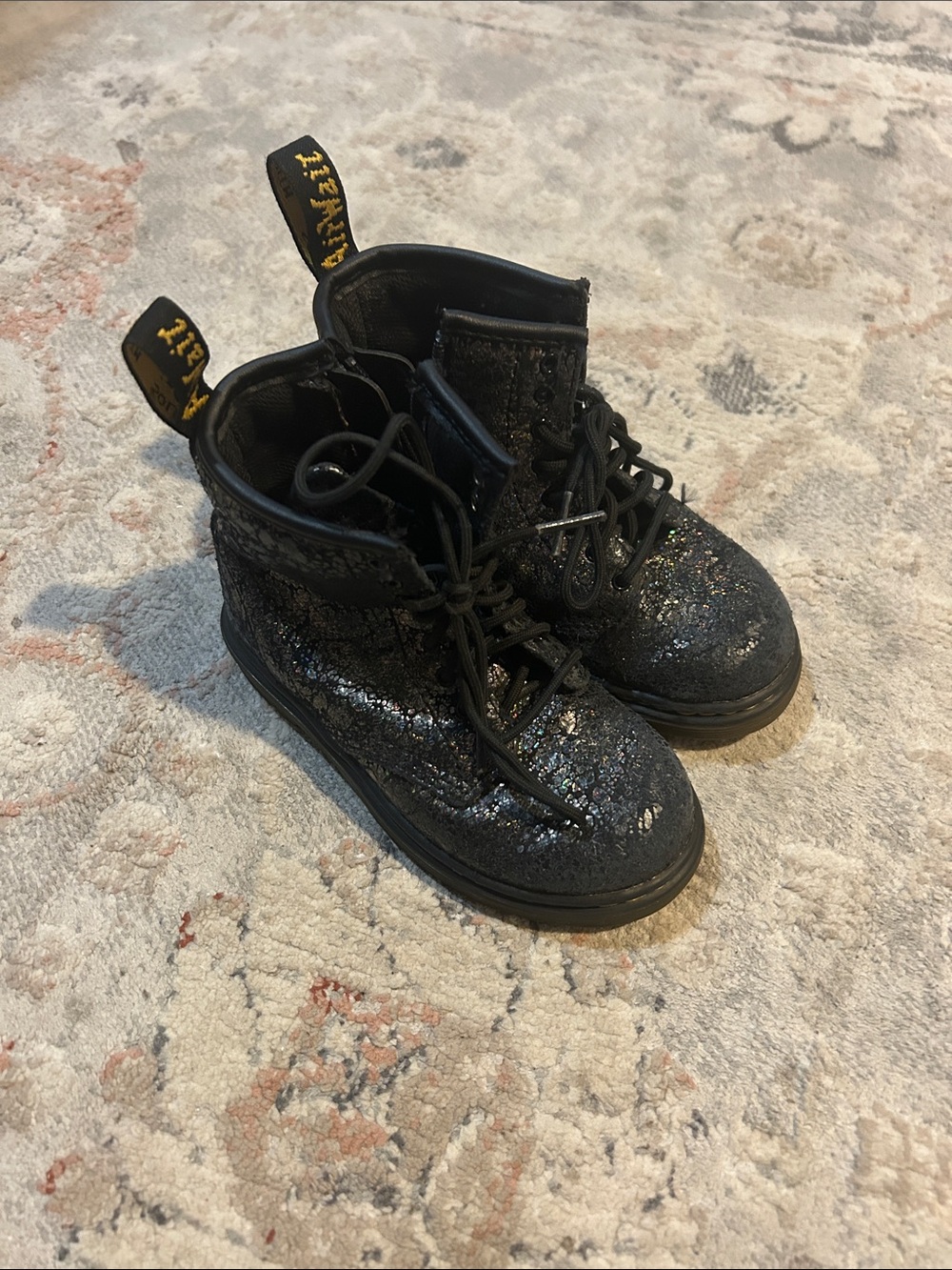 Toddler Doc Martens Black Crackle Glitter Kids Lace-Up Boots